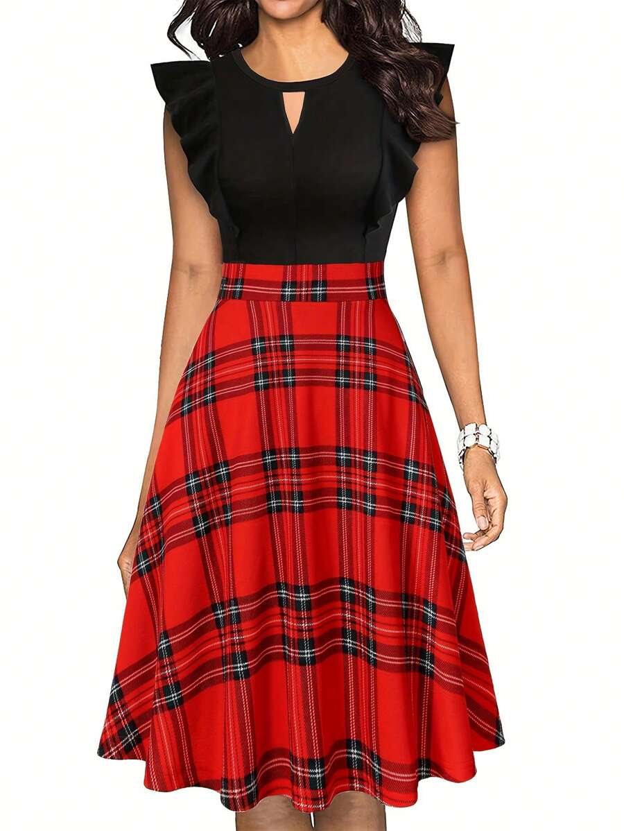 女式格子拼布短款盖袖 A 字形连衣裙 - 黑色 - 查看 1