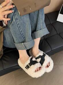 時尚白色捲毛女款室外拖鞋，5cm 增高和彩色拖鞋，適用於學生和秋冬家居使用 - 米色 - 查看 3