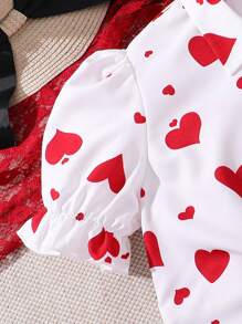 初中女孩心形印花泡泡短袖上衣和肩帶連衣裙套裝 - 紅色 - 查看 5