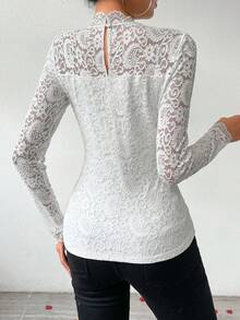 SHEIN Privé Lace Stand Collar Long Sleeve T-Shirt - White - View 3