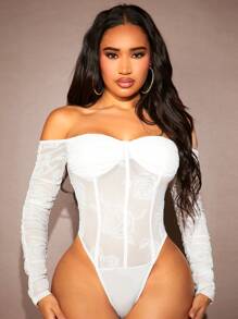 SHEIN SXY Damen Off-shoulder Floral Mesh Body - Weiss - Übersicht 4