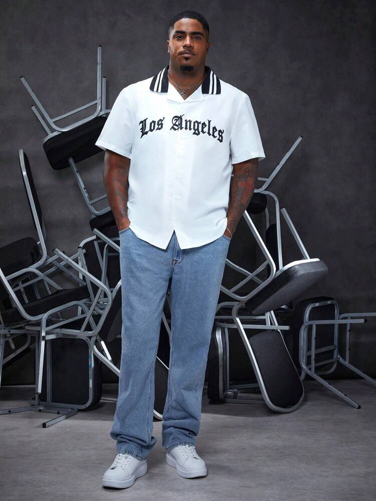 Men'S Plus Size Striped Shirt With Color Block, Letter Print