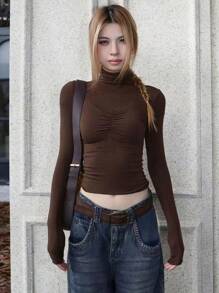 SHEIN EZwear This Week Turtleneck Long Sleeve T-shirt - Coffee Brown - View 4