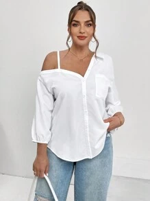 SHEIN Essnce Plus Size Women's Clothing Spring And Summer New Fashion Street Shooting Casual Asymmetrical Shoulder Shirt - White - View 3