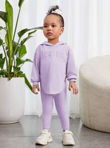 SHEIN 嬰兒女孩休閒字母凸起連帽長袖上衣搭配褲子套裝 - 紫色 - 查看 1