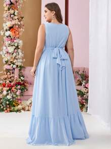 SHEIN Belle Nút Kích thước lớn Của phụ nữ Cổ chữ V Đầm dạ hội - Màu xanh lam - Xem 5