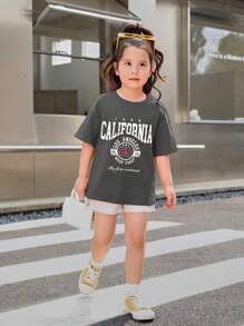 SHEIN Cô Gái Trẻ Slogan In Ngắn tay Áo thun - Màu xám đen - Xem 5