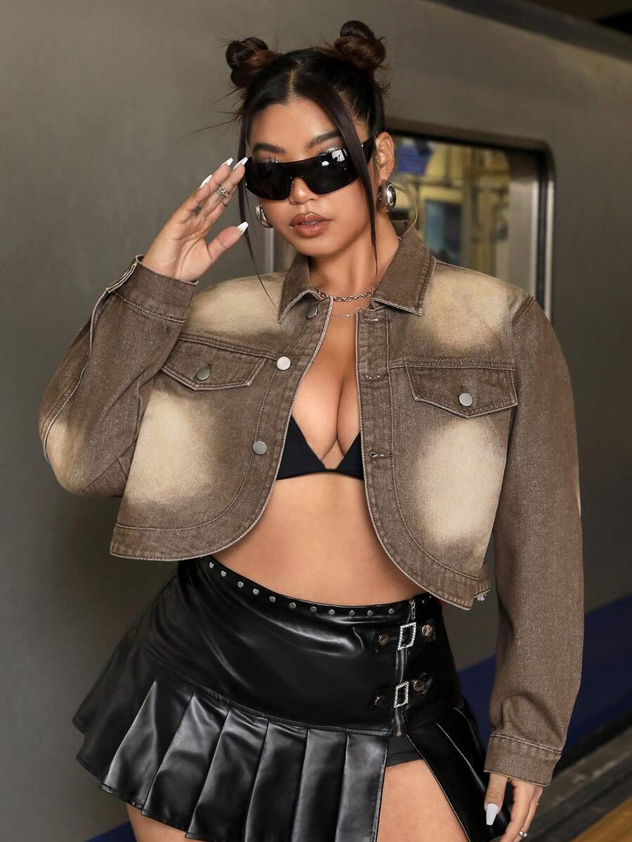 SHEIN ICON Kích thước lớn Quần skinny Denim mùa giặt Áo khoác denim - màu nâu - Xem 1