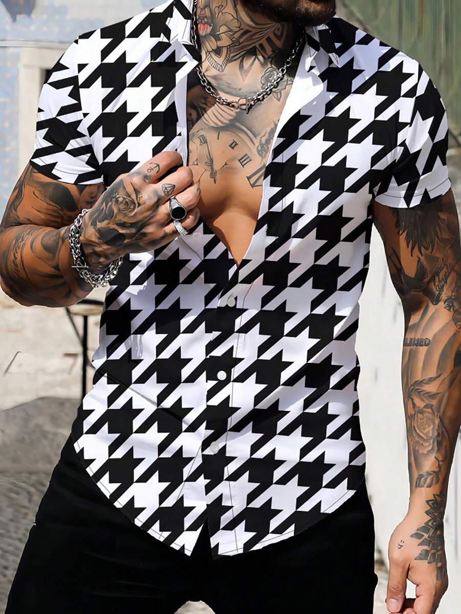 Manfinity Dauomo Men'S Houndstooth Check Short Sleeve Shirt