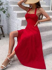 Chiquease Ladies' Pleated Halter Neck Tie Strap Dress - Red - View 3
