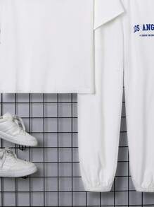 SHEIN Teen Boy Casual Letter Printed Short Sleeve Hooded Top And Pants Set For Spring/Summer - White - View 4