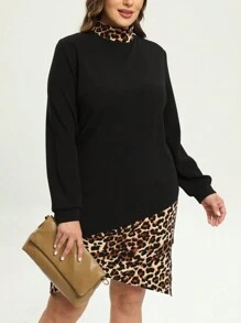 SHEIN LUNE Plus Size Leopard Print Half Turtleneck Long Sleeve Dress - Black - View 1