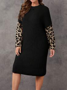 SHEIN LUNE Plus Size Women's Leopard Print Long Sleeve Sweater Dress - Black - View 1