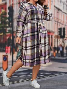 SHEIN Franclia Kích thước lớn Của phụ nữ Kẻ sọc Đầm có mũ - Màu tím - Xem 4