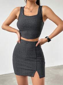 SHEIN EZwear 女性格紋兩件套裝 - 黑色 - 查看 5