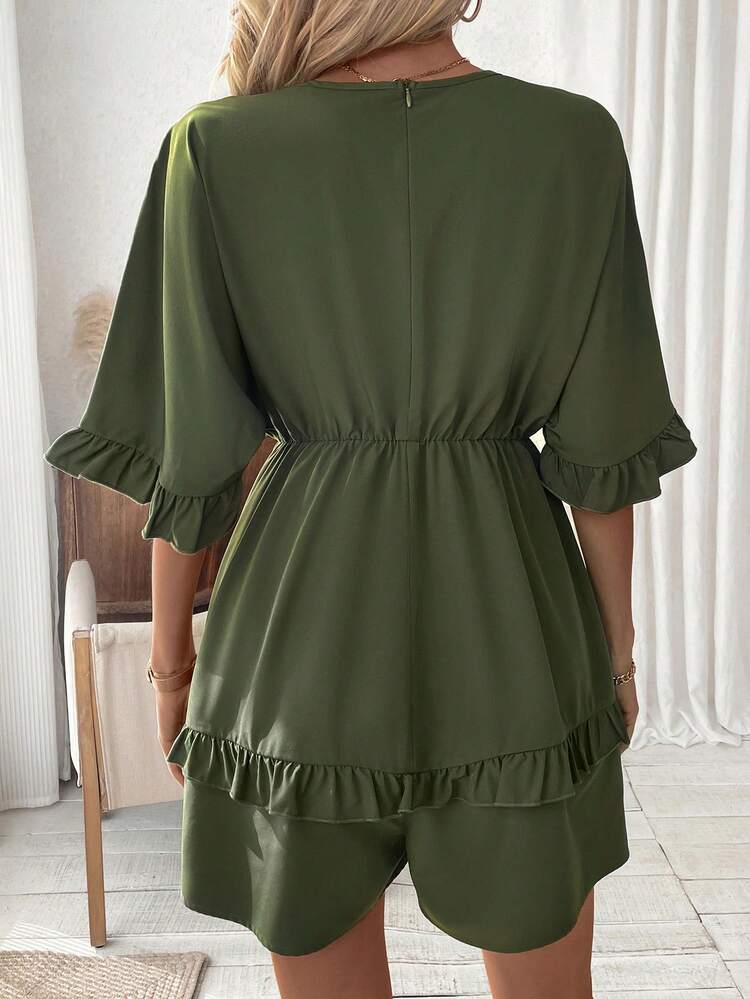 Solid Color Ruffle Trim Romper