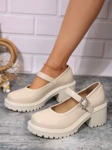 女用瑪莉珍新娘鞋新款厚底粗跟高跟綁帶涼鞋婚紗 - 米色 - 查看 5