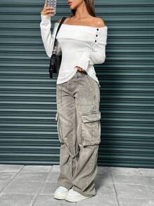 SHEIN Unity Women's Long Sleeve Off Shoulder Sweater With Button Decor Knit Pullover Fall Winter Outfit - White - View 5