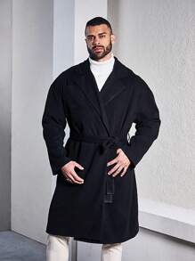 Manfinity Homme Men's Plus Size Trench Coat With Notched Collar, Tie And Belt - Black - View 4