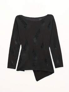 2023秋冬女款Y2K镂空做旧纯色圆领长袖休闲毛衣 黑色 - 黑色 - 查看 5