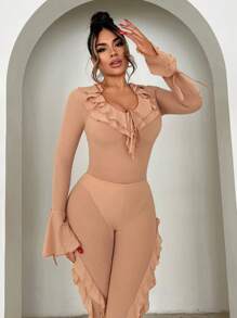 SHEIN SXY Women'S Peplum Off Shoulder Ruffle Trim Long Sleeve Bodysuit Birthday Outfit Spring Women Clothes Valentine Day Concert Outfits Date Night Outfit Summer Outfits - Orange - View 5