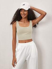 SHEIN BASICS Women'S Square Neck Cropped Tank Top - Beige - View 5