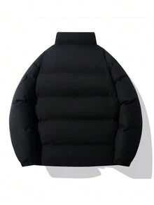 Men's Letter Print Stand Collar Padded Coat - Black - View 2