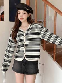 DAZY Ladies' Color Block Striped Front Button Tee - Black and White - View 5
