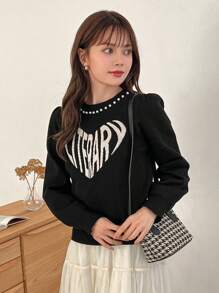 FRIFUL Pull à épaules tombantes avec imprimé lettres pour femmes, vêtements d'automne - Noir - Voir 6