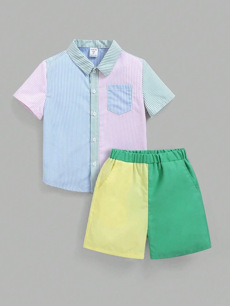 Boys' Casual Loose-fit Fun Patchwork Striped Short Sleeve Shirt With Woven Shorts Outfit