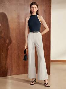 BizChic Women's Autumn Ribbed Halter Neck Blouse, Romantic, Elegant, Versatile, Business Casual, Suitable For Daily Wear, Office Wear, Teacher Outfit