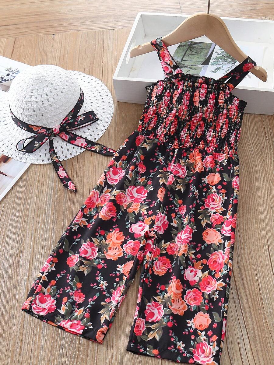 嬰兒女孩花卉印花寬腳連身褲配帽子 - 彩色 - 查看 1