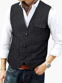 Manfinity Homme Men's Plain Herringbone Vest, For Husband - Black - View 1