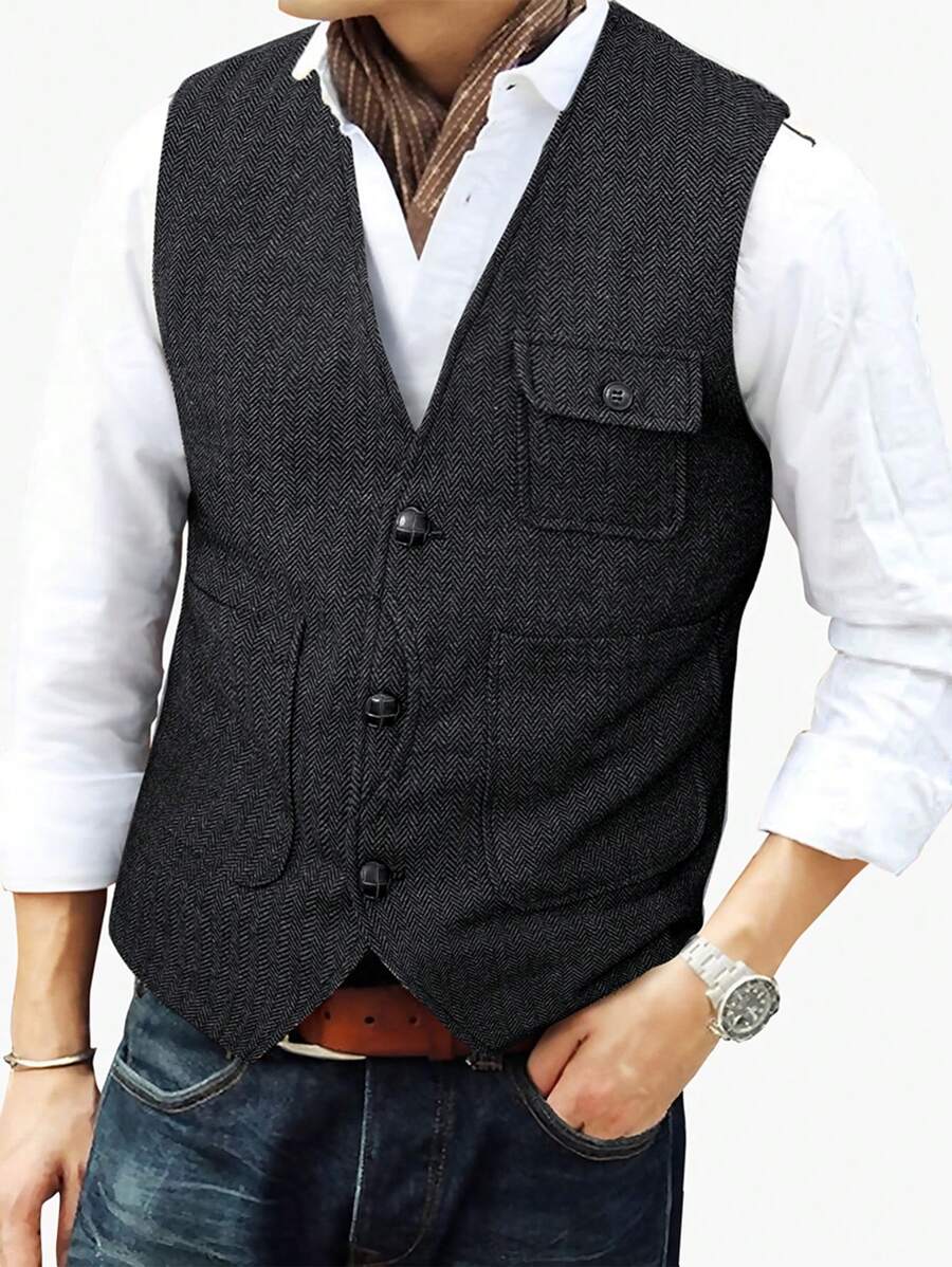 Manfinity Homme Men's Plain Herringbone Vest, For Husband - Black - View 1
