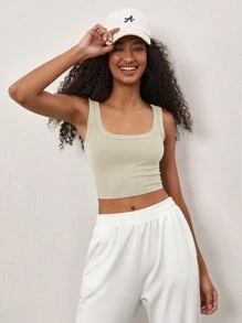SHEIN BASICS Women'S Square Neck Cropped Tank Top - Beige - View 1