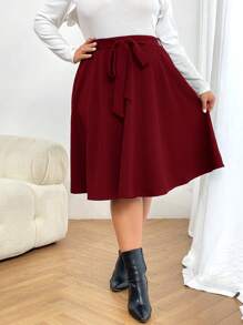 SHEIN Essnce 大尺碼純色腰帶裙 - 酒紅色 - 查看 3