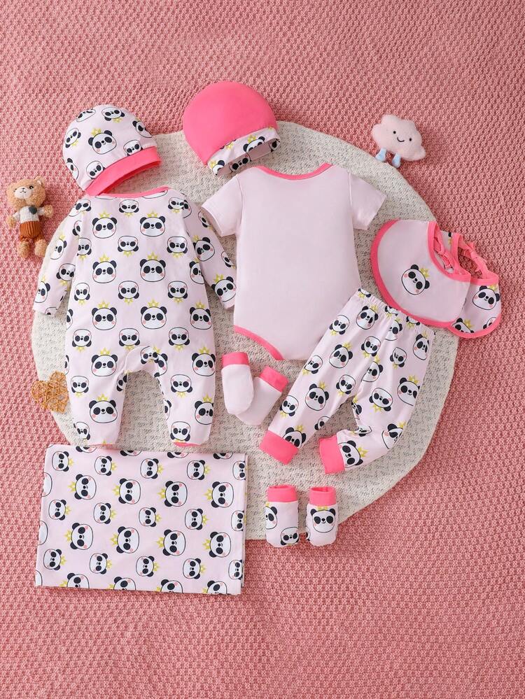 Baby Girl 10pcs Bear Ear Printed Jumpsuit, Long Pants, Hat, Bib, Blanket Gift Set
