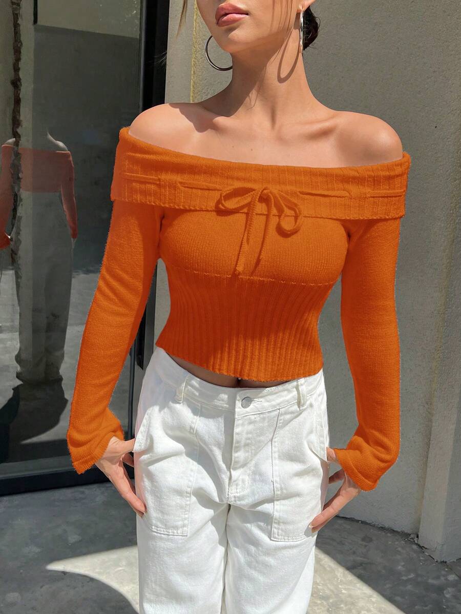 SHEIN Unity Creative Tie Detail Off-The-Shoulder Sweater Knit Pullover Fall Winter Outfit - Orange - View 1