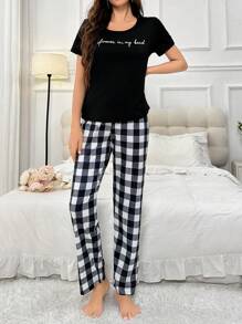 Letter Print T-Shirt & Plaid Pants Pajama Set - Black - View 4