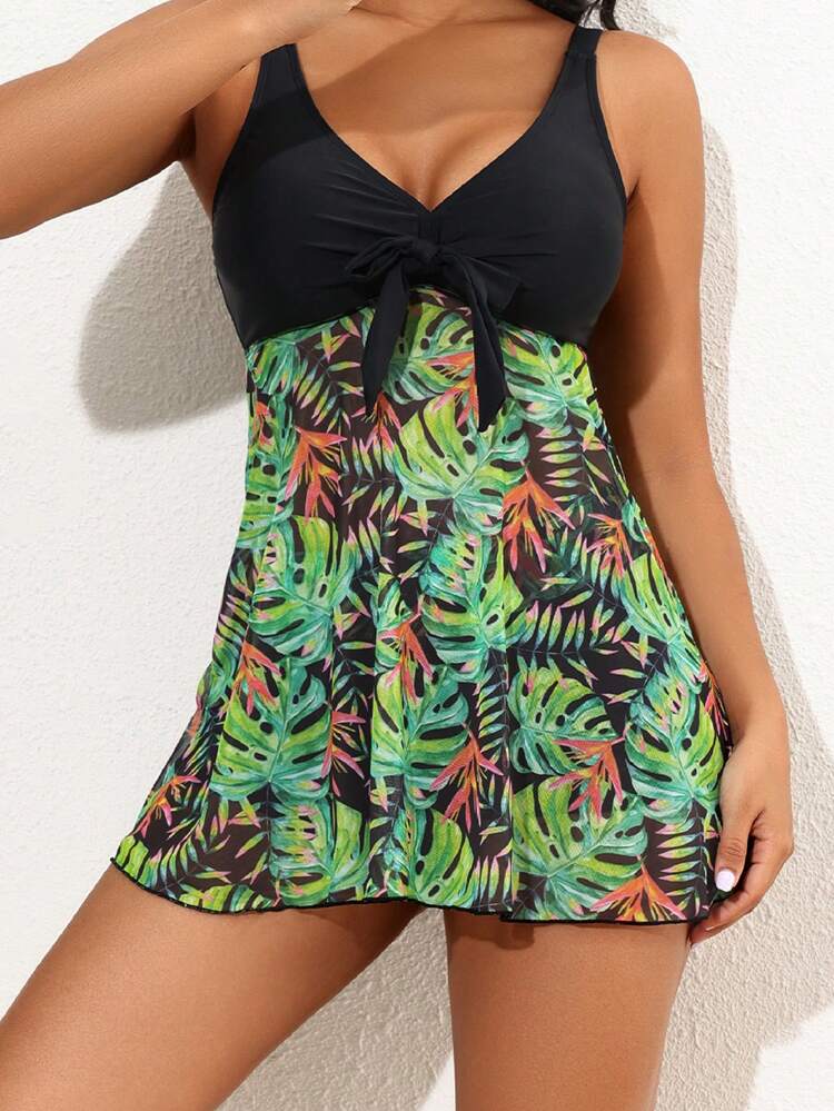Summer Women'S Casual Tropical Plant Print Cami Tankini