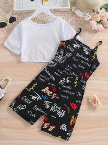 Tween Girls' Sheer Cropped Top With Letter Print Spaghetti Strap Romper Set - Multicolor - View 2