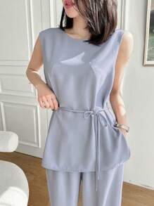 DAZY Bộ 2 món/Bộ đồ công sở màu trơn đơn giản cho nữ không tay và quần - Màu xanh lam - Xem 5