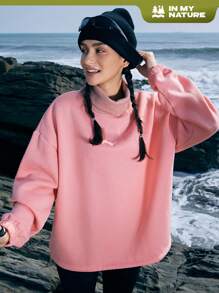 In My Nature Funnel Neck Drop Shoulder Sleeve Outdoor Sweatshirt - Pink - View 1