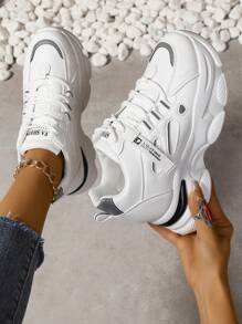 Women's Chunky Sneakers With Wedge Heel, White Colorblock Upper, Chunky Shoes Style Lace-Up - White - View 1