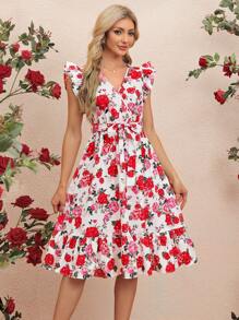 SHEIN Clasi Rose Print Ruffle Hem Dress