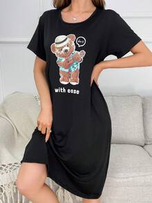 放鬆假日熊圖案t恤睡裙 - 黑色 - 查看 6