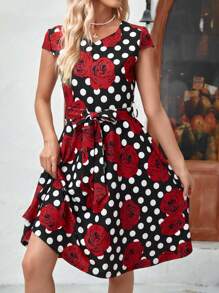 EMERY ROSE Của phụ nữ Mùa Xuân Chiều dài đầu gối Hoa hồng & Chấm bi In Đầm Với thắt lưng - Nhiều màu - Xem 5