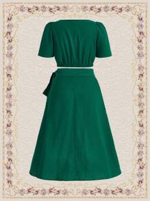 Vintamour Crop Top & Puff Short Sleeve Square Neck Top And Skirt Set
