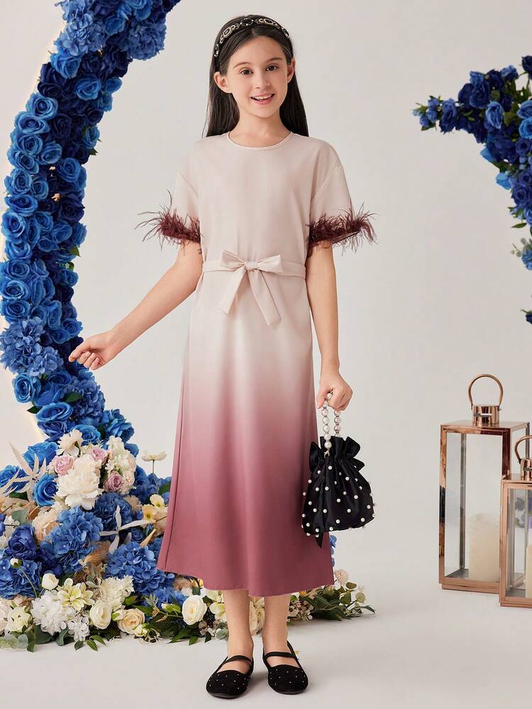 SHEIN Tween Girls' Ombre Belted Short Sleeve Dress - Multicolor - View 5