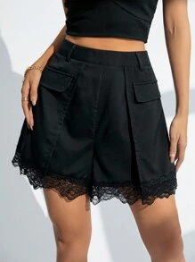 GENKIRA Women'S Lace Panel Hem Shorts - Black - View 1